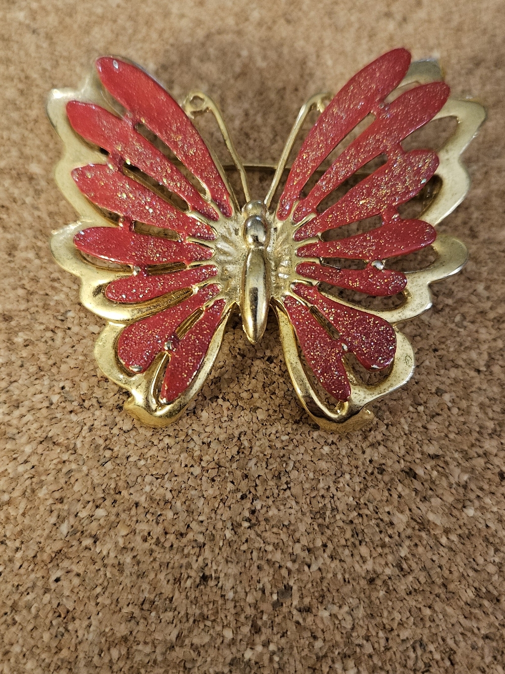 Vintage Gold Butterfly Brooch with Red Glitter Wings